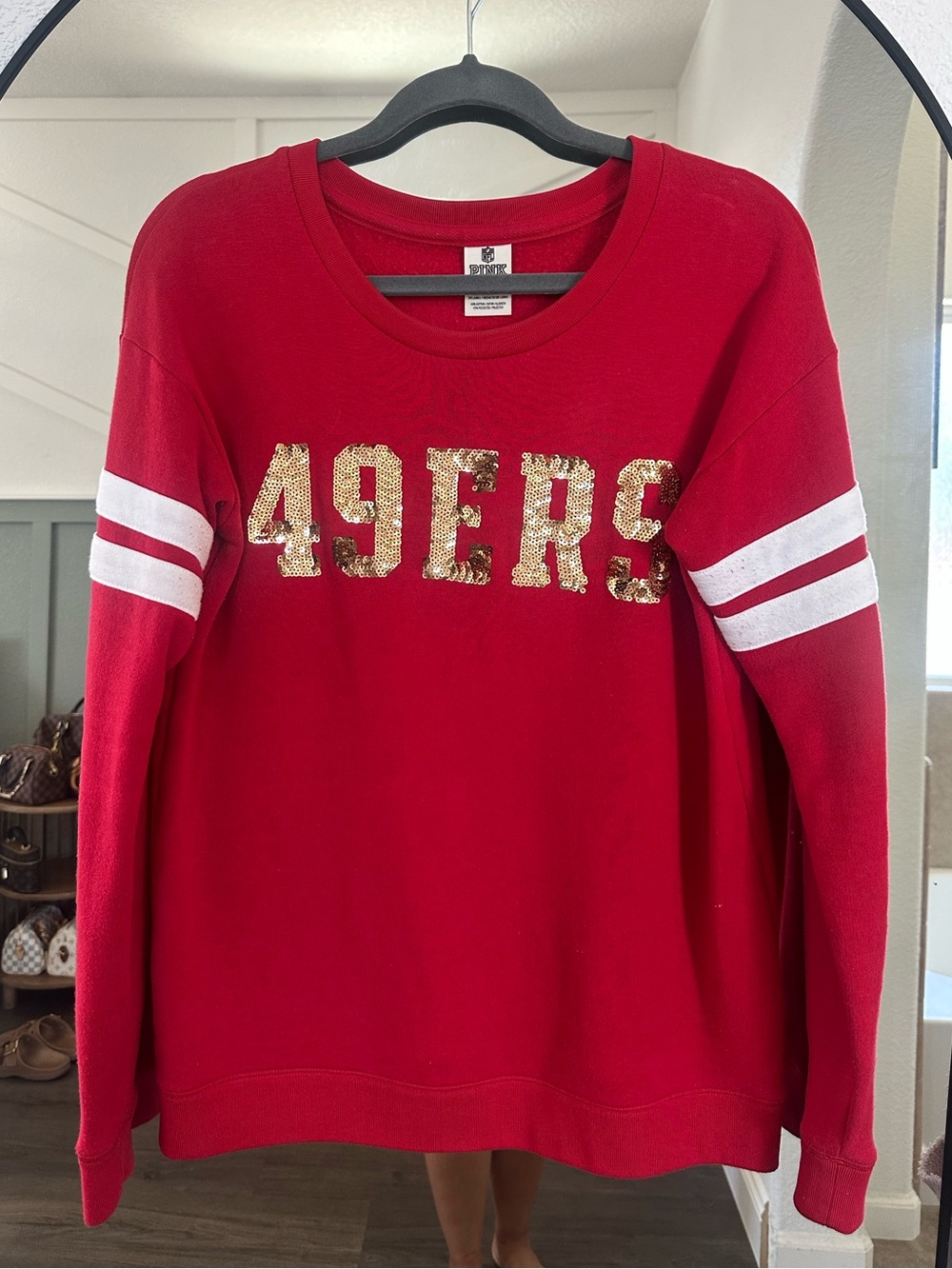 VS Women’s Red 49ERS Sequin Crewneck Sweatshirt